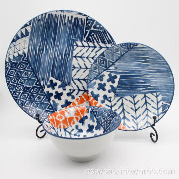 Vajilla de impresión de almohadilla azul y naranja de dos colores
